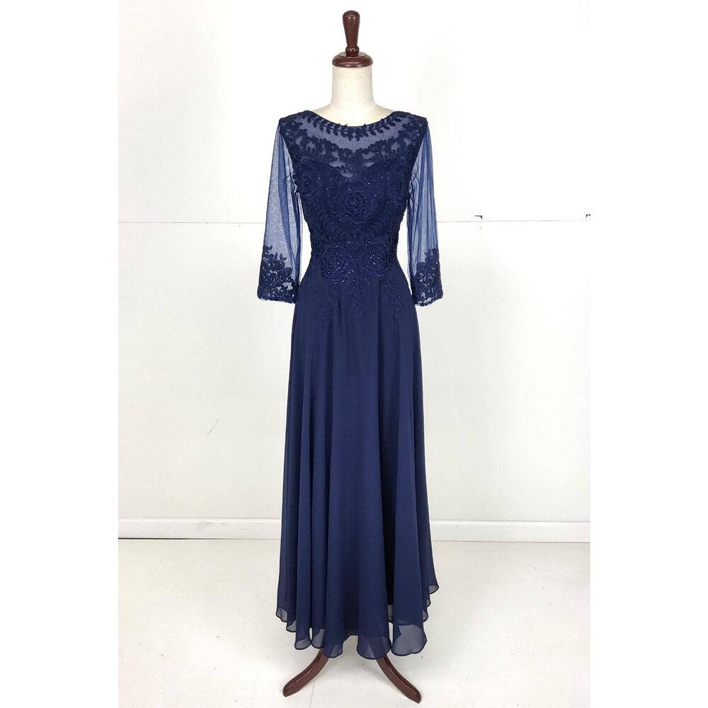 Chicas J024 Maxi Dress Lace Sleeve Gown Women Large Navy Blue Formal Glam NWT